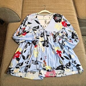 Free People Bella Blue Floral Babydoll V-Neck Boho Casual Top Blouse Small